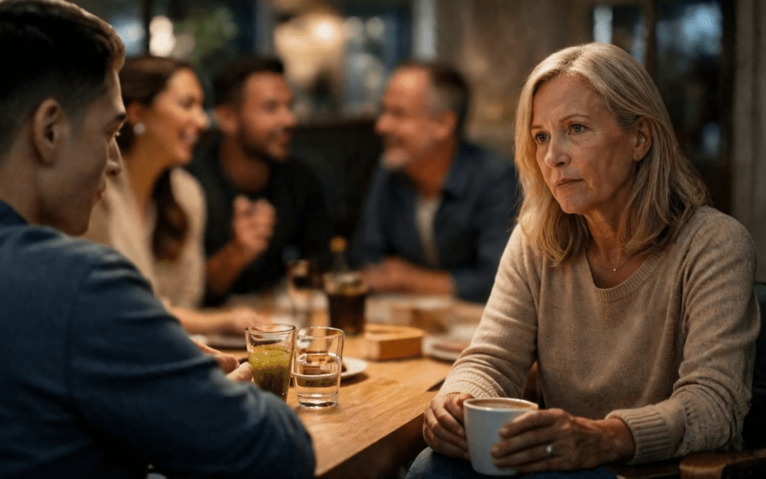 Dona amb dificultat auditiva en un restaurant intentant seguir una conversa amb soroll de fons